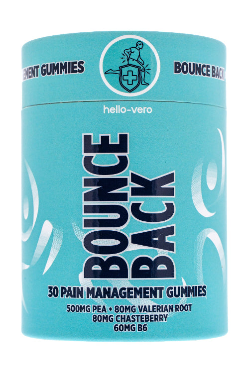 Container of Bounce Back pain management gummies with blue label on white background