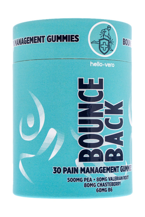 Blue container of Bounce Back pain management gummies with branding on a white background