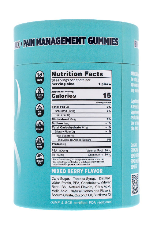 Nutrition facts label on a blue container of pain management gummies.