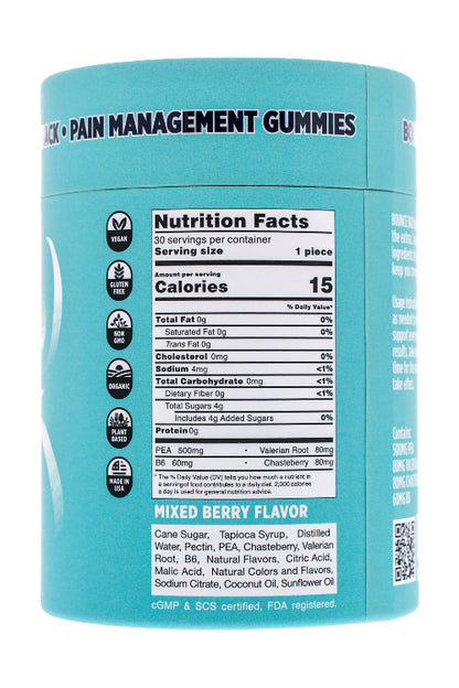 Nutrition facts label on a blue container of pain management gummies.