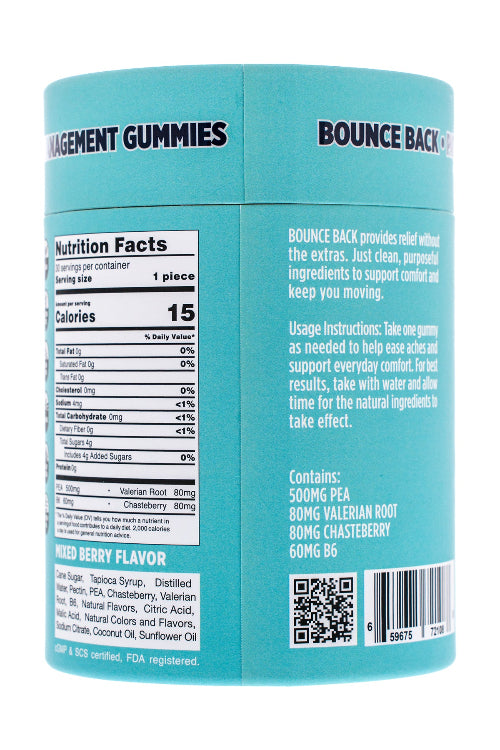 Back of a blue supplement container with nutritional information and usage instructions.