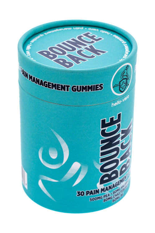 Blue container of Bounce Back pain management gummies on a white background