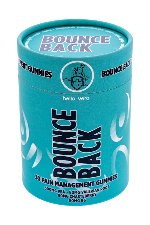 Blue container of 'Bounce Back' pain management gummies with branding on a white background