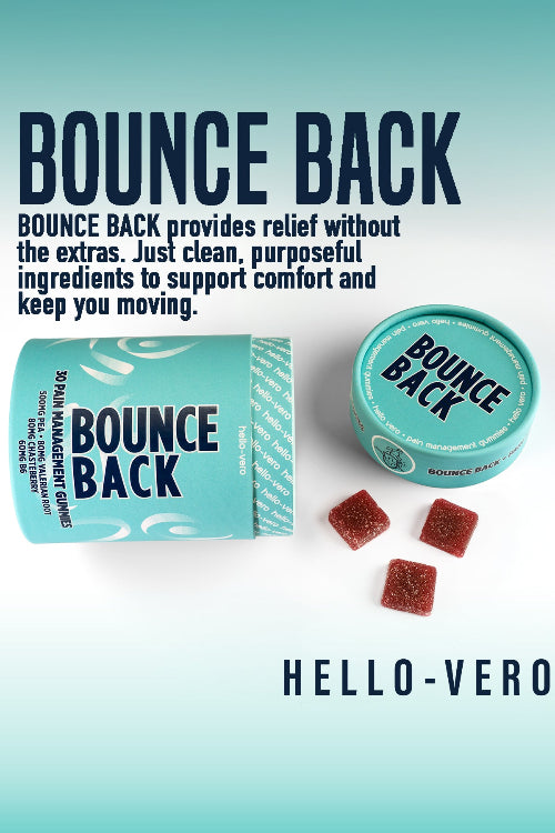 Bounce Back product packaging with gummies on a light blue background