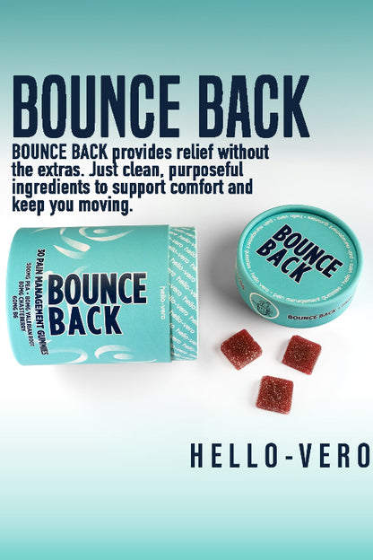 Bounce Back product packaging with gummies on a light blue background
