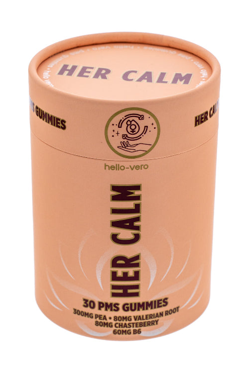 Pink container of 'Her Calm' gummies with branding on a white background