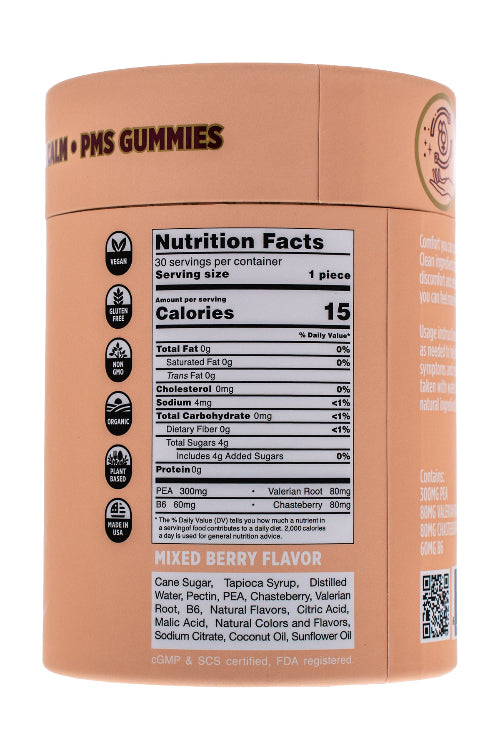 PMS Gummies container with nutrition facts label on a white background