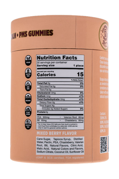 PMS Gummies container with nutrition facts label on a white background