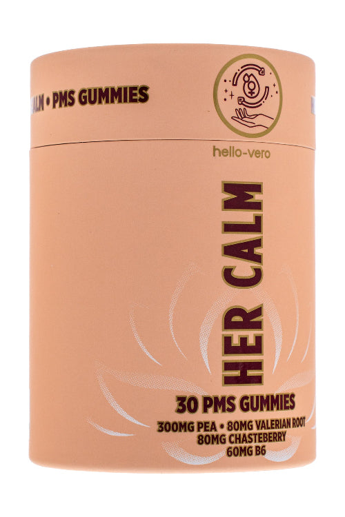 Her Calm PMS gummies container with branding on a white background