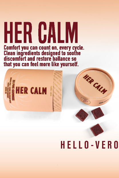 HER CALM product packaging with text on a gradient background